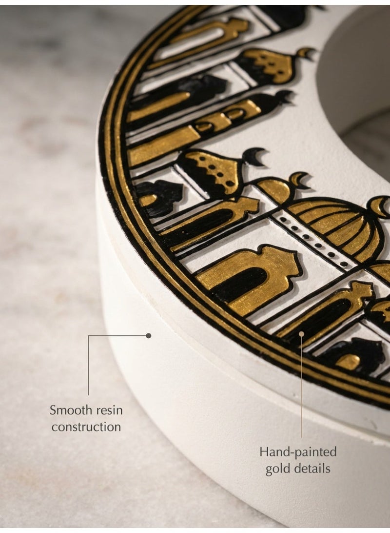 Tanseeq Elegant White Resin Crescent Moon Serving Box with Gold Mosque Design Ramadan Decor Eid Dates Holder Nut Tray Islamic Table Centerpiece Gift - Image 2